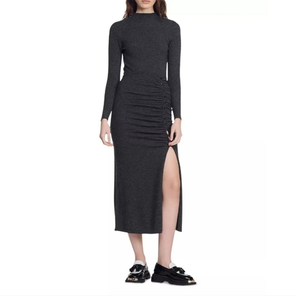 SANDRORuched ribbed wool-blend midi dress - Picture 1 of 12